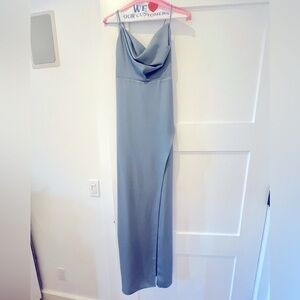 BHLDN remy cowl-neck faux-wrap satin gown dusty blue